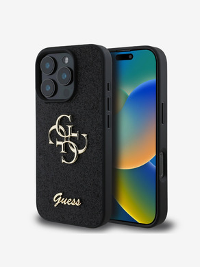 Guess PU Fixed Glitter 4G Metal Logo Zadní Kryt pro iPhone 16 Pro Max Black Obal na telefon