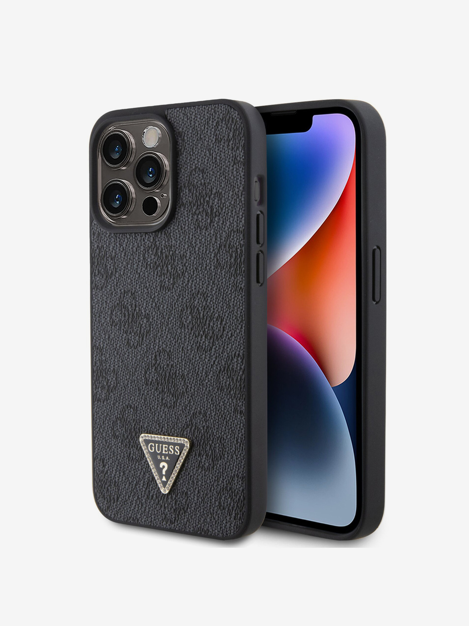 Fotografie PU 4G Strass Triangle Metal Logo Zadní Kryt pro iPhone 15 Pro Max Black Obal na telefon Guess | Fialová | Dámské | UNI