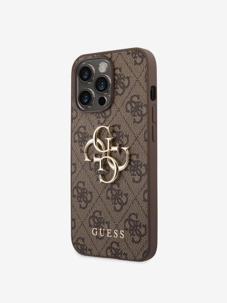 Guess PU 4G Metal Logo Zadní Kryt pro iPhone 14 Pro Max Brown Obal na telefon