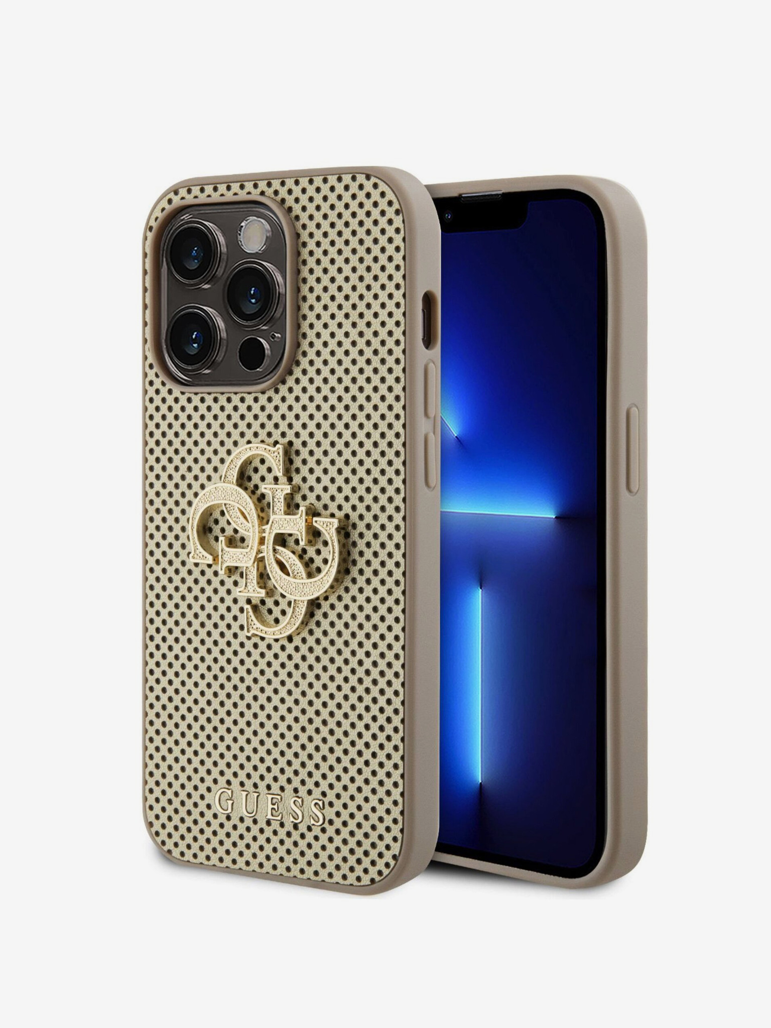 Fotografie PU Perforated 4G Glitter Metal Logo Zadní Kryt pro iPhone 14 Pro Max Gold Obal na telefon Guess | Fialová | Dámské | UNI