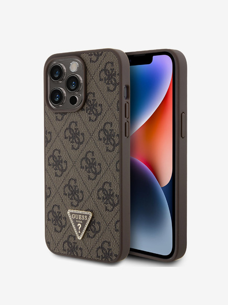 Guess PU 4G Strass Triangle Metal Logo Zadní Kryt pro iPhone 15 Pro Max Brown Obal na telefon