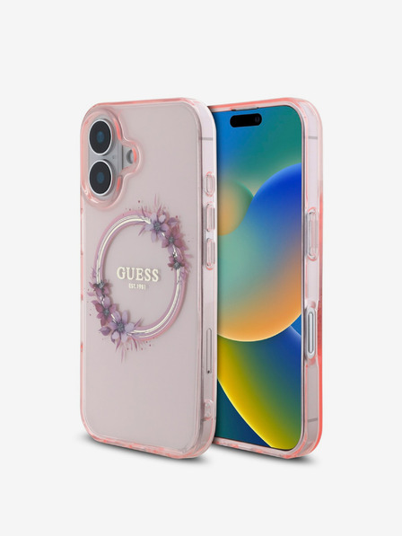 Guess IML Flowers Ring MagSafe Zadní Kryt pro iPhone 16 Pink Obal na telefon