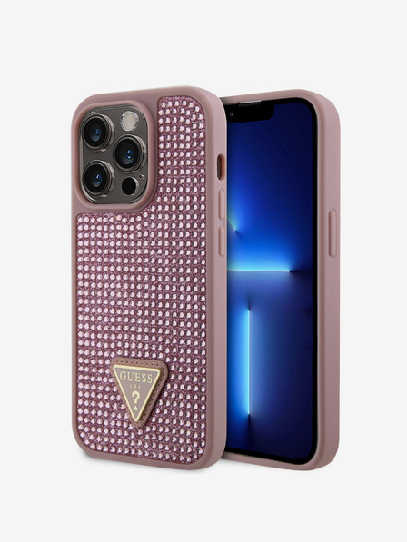 Guess Rhinestones Triangle Metal Logo Kryt pro iPhone 15 Pro Pink Obal na telefon