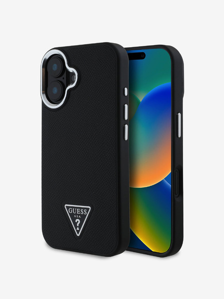 Guess PU Grained Triangle Logo Zadní Kryt pro iPhone 16 Black Obal na telefon