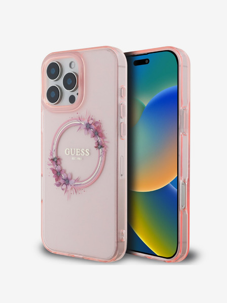 Guess IML Flowers Ring MagSafe Zadní Kryt pro iPhone 16 Pro Pink Obal na telefon