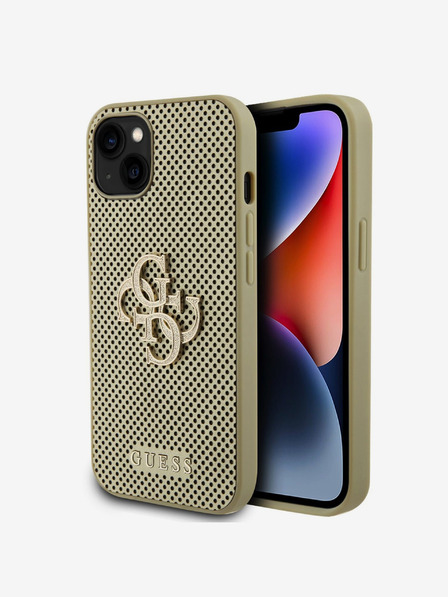 Guess PU Perforated 4G Glitter Metal Logo Zadní Kryt pro iPhone 15 Gold Obal na telefon