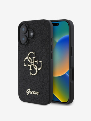 Guess PU Fixed Glitter 4G Metal Logo Zadní Kryt pro iPhone 16 Black Obal na telefon