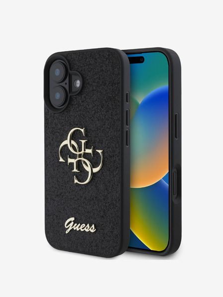 Guess PU Fixed Glitter 4G Metal Logo Zadní Kryt pro iPhone 16 Black Obal na telefon