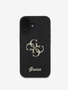 Guess PU Fixed Glitter 4G Metal Logo Zadní Kryt pro iPhone 16 Black Obal na telefon