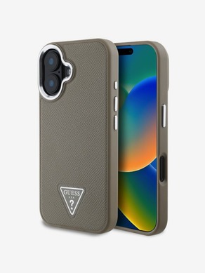 Guess PU Grained Triangle Logo Zadní Kryt pro iPhone 16 Brown Obal na telefon