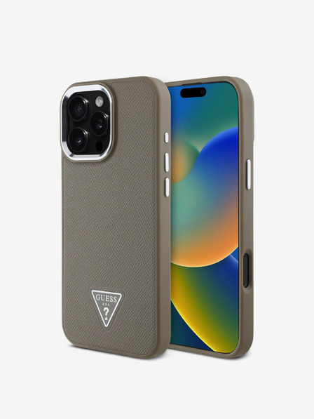 Guess PU Grained Triangle Logo Zadní Kryt pro iPhone 16 Pro Brown Obal na telefon