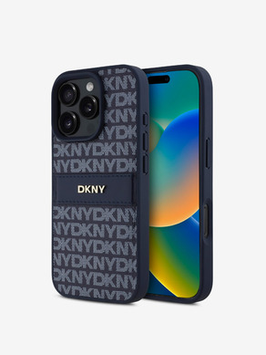 DKNY PU Leather Repeat Pattern Tonal Stripe Zadní Kryt pro iPhone 16 Pro Blue Obal na telefon