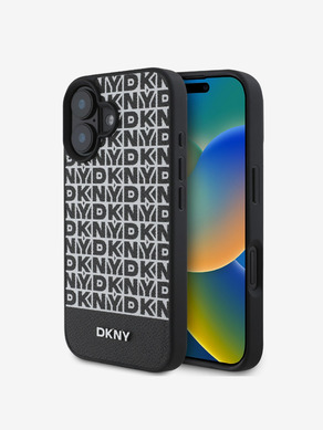 DKNY PU Leather Repeat Pattern Bottom Stripe MagSafe Zadní Kryt pro iPhone 16 Black Obal na telefon