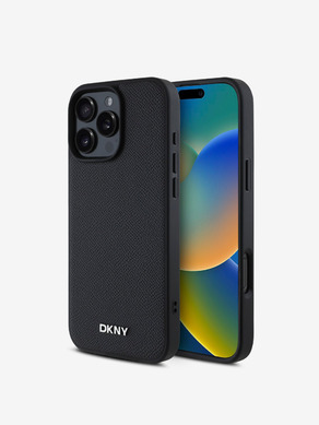 DKNY PU Leather Silver Metal Logo Magsafe Zadní Kryt pro iPhone 16 Pro Black Obal na telefon