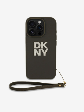 DKNY PU Leather Stack Logo Wrist Strap Zadní Kryt pro iPhone 16 Pro Max Green Obal na telefon