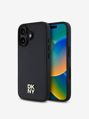 DKNY PU Leather Repeat Pattern Stack Logo MagSafe Zadní Kryt pro iPhone 16 Plus Black Obal na telefon