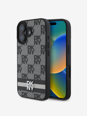 DKNY PU Leather Checkered Pattern and Stripe Zadní Kryt pro iPhone 16 Black Obal na telefon