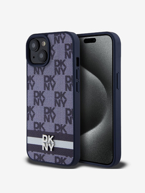 DKNY PU Leather Checkered Pattern and Stripe Zadní Kryt pro iPhone 15 Blue Obal na telefon