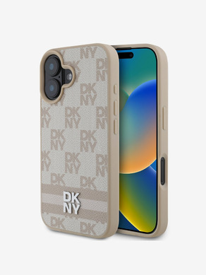 DKNY PU Leather Checkered Pattern and Stripe Zadní Kryt pro iPhone 16 Pink Obal na telefon