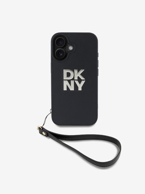 DKNY PU Leather Stack Logo Wrist Strap Zadní Kryt pro iPhone 16 Black Obal na telefon