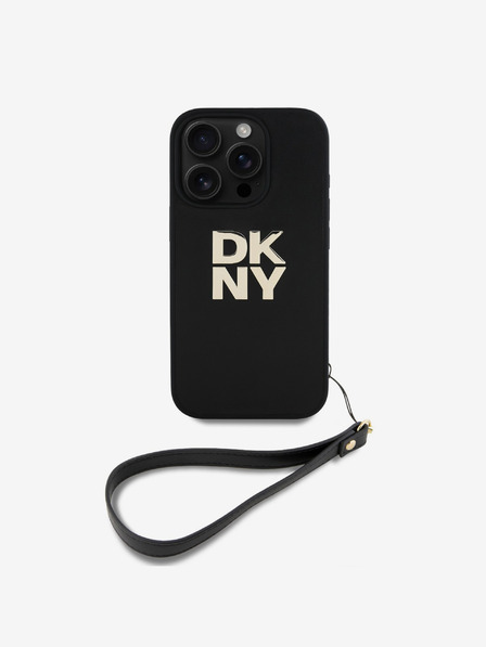 DKNY PU Leather Stack Logo Wrist Strap iPhone 16 Pro Black Obal na telefon