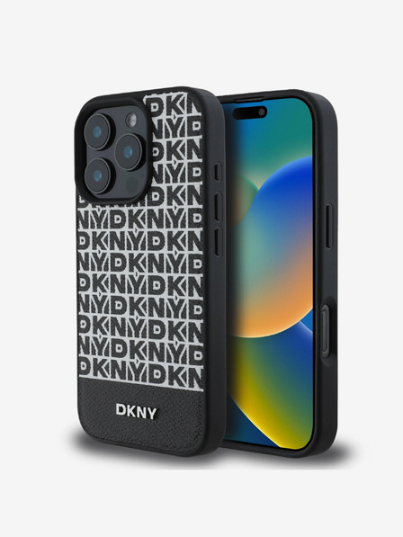 DKNY PU Leather Repeat Pattern Bottom Stripe MagSafe Zadní Kryt pro iPhone 16 Pro Max Black Obal na telefon