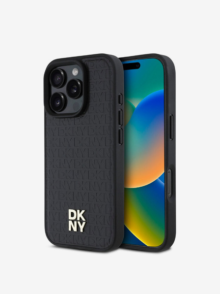 DKNY PU Leather Repeat Pattern Stack Logo MagSafe Zadní Kryt pro iPhone 16 Pro Max Black Obal na telefon