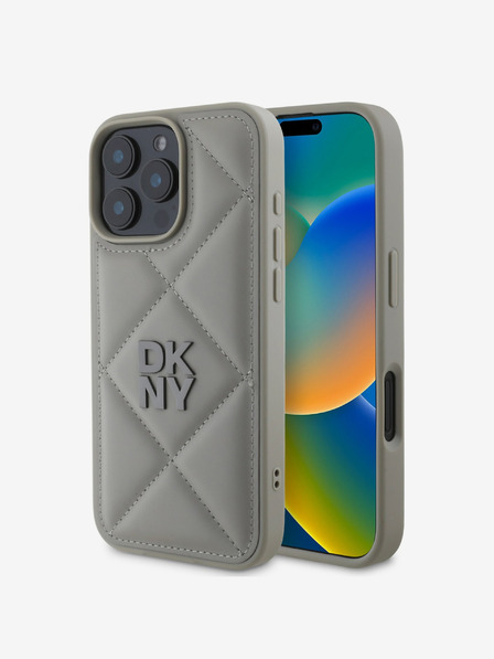 DKNY PU Leather Quilted Stack Logo iPhone 16 Pro Max Grey Obal na telefon