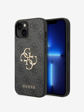 Guess PU 4G Metal Logo Zadní Kryt pro iPhone 15 Plus Grey Obal na telefon