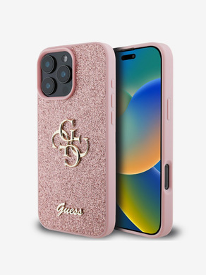 Guess PU Fixed Glitter 4G Metal Logo Zadní Kryt pro iPhone 16 Pro Max Pink Obal na telefon